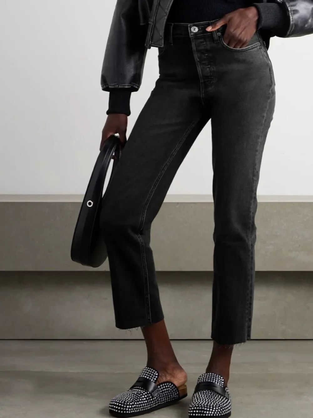 Re/Done Black High-Rise Cropped Straight Jeans
